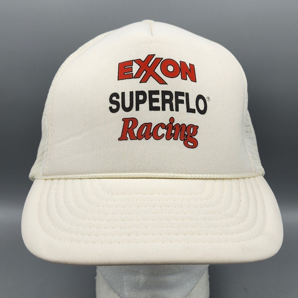 Vintage Exxon SUPERFLO Hat Cap Snapback Motor Oil Racing Rope  Trucker White